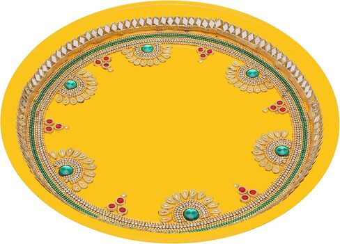 Aditri Creation Decorative Pooja Thali Plate Decorative Steel Puja Essential Pooja Articles for Aarti Rituals Holi Gudi Padwa Indian Traditional Festival Wedding Decorations (Size- 10")(Yellow) in Saudi Arabia
