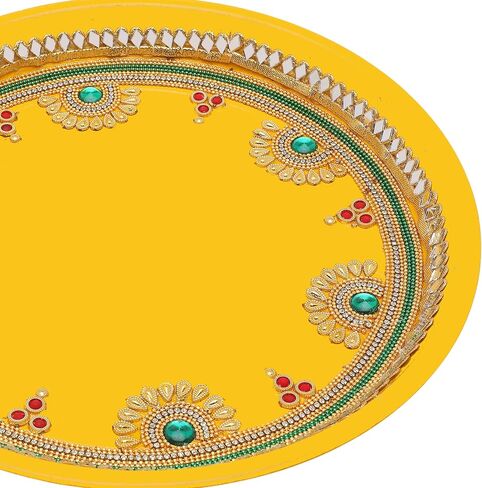 Aditri Creation Decorative Pooja Thali Plate Decorative Steel Puja Essential Pooja Articles for Aarti Rituals Holi Gudi Padwa Indian Traditional Festival Wedding Decorations (Size- 10")(Yellow) in Saudi Arabia