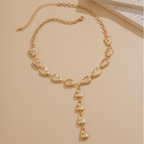 Chunky Irregular Nugget Pebble Y Lariat Drop Pendant Necklace For Women Statement Modern Minimalist Adjustable Link Chain Gold Color Bold Fashion in Saudi Arabia