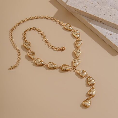 Chunky Irregular Nugget Pebble Y Lariat Drop Pendant Necklace For Women Statement Modern Minimalist Adjustable Link Chain Gold Color Bold Fashion in Saudi Arabia