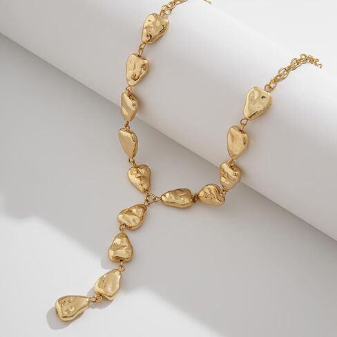 Chunky Irregular Nugget Pebble Y Lariat Drop Pendant Necklace For Women Statement Modern Minimalist Adjustable Link Chain Gold Color Bold Fashion in Saudi Arabia
