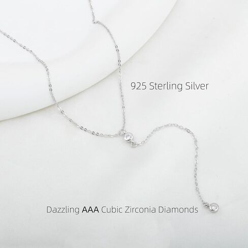 Kakikaki Handmade Sterling Silver Lariat Necklace with CZ Diamond Dainty Drop Y Chain Necklaces for Women in Saudi Arabia