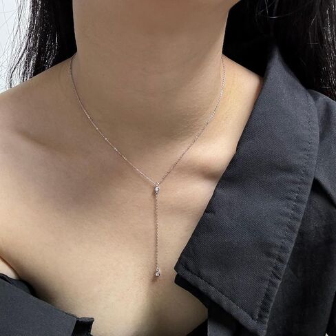Kakikaki Handmade Sterling Silver Lariat Necklace with CZ Diamond Dainty Drop Y Chain Necklaces for Women in Saudi Arabia