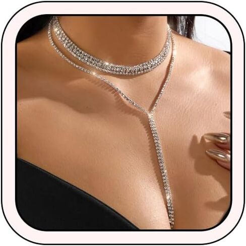 Black Rhinestone Layered Long Y Necklace for Women Gold Silver Glittering Crystal Lariat Necklace Fashion Bridal Prom Necklace Wedding Bridesmaid Jewelry in Saudi Arabia