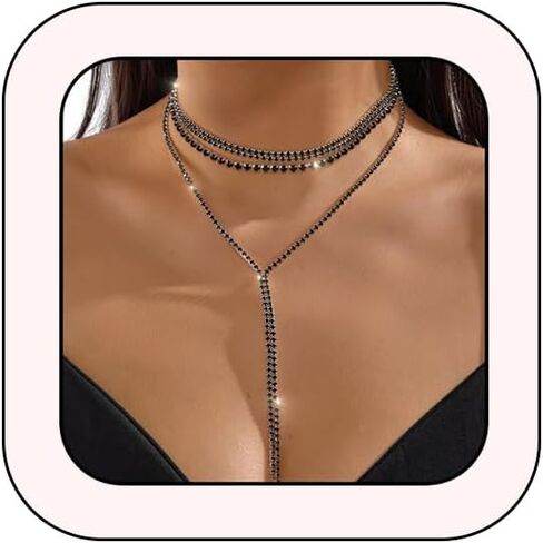 Black Rhinestone Layered Long Y Necklace for Women Gold Silver Glittering Crystal Lariat Necklace Fashion Bridal Prom Necklace Wedding Bridesmaid Jewelry in Saudi Arabia
