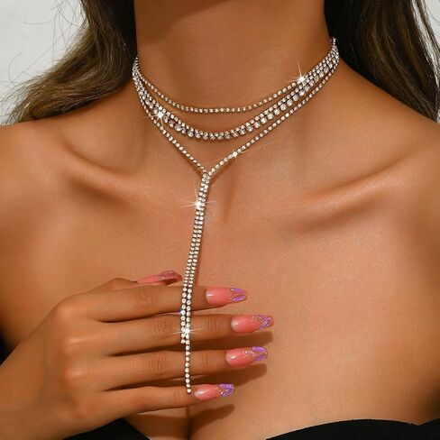 Black Rhinestone Layered Long Y Necklace for Women Gold Silver Glittering Crystal Lariat Necklace Fashion Bridal Prom Necklace Wedding Bridesmaid Jewelry in Saudi Arabia