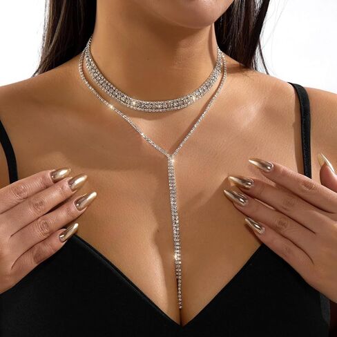 Black Rhinestone Layered Long Y Necklace for Women Gold Silver Glittering Crystal Lariat Necklace Fashion Bridal Prom Necklace Wedding Bridesmaid Jewelry in Saudi Arabia