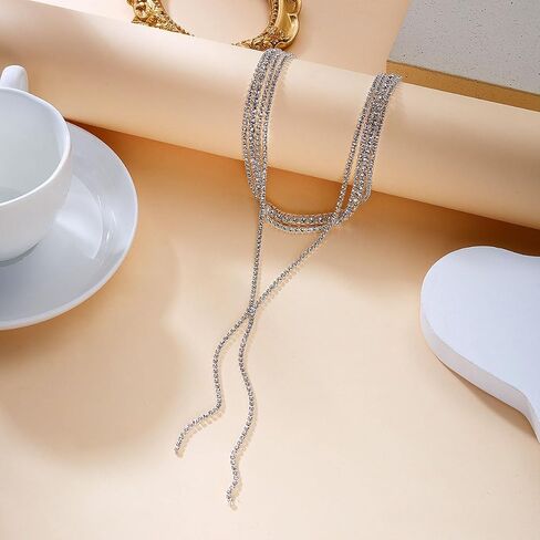 Black Rhinestone Layered Long Y Necklace for Women Gold Silver Glittering Crystal Lariat Necklace Fashion Bridal Prom Necklace Wedding Bridesmaid Jewelry in Saudi Arabia