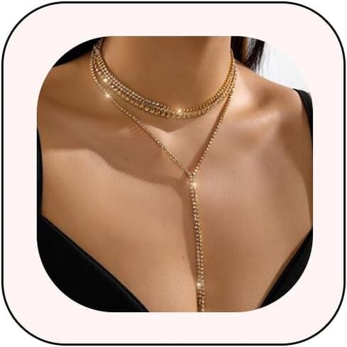 Black Rhinestone Layered Long Y Necklace for Women Gold Silver Glittering Crystal Lariat Necklace Fashion Bridal Prom Necklace Wedding Bridesmaid Jewelry in Saudi Arabia
