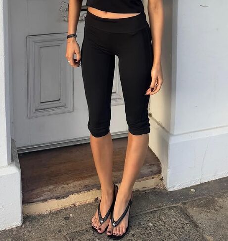Women Y2k Low Rise Capris Button Grommet Foldover Capri Leggings Split Skinny Cropped Pants Going Out Capris Yoga Pants in Saudi Arabia