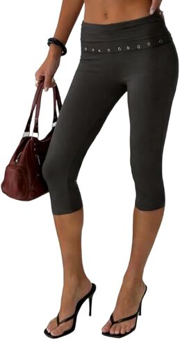 Women Y2k Low Rise Capris Button Grommet Foldover Capri Leggings Split Skinny Cropped Pants Going Out Capris Yoga Pants in Saudi Arabia