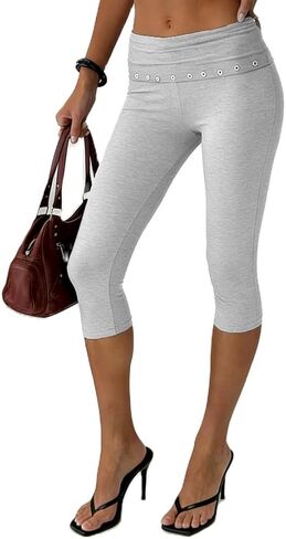 Women Y2k Low Rise Capris Button Grommet Foldover Capri Leggings Split Skinny Cropped Pants Going Out Capris Yoga Pants in Saudi Arabia