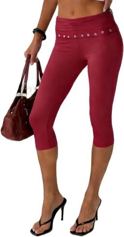 Women Y2k Low Rise Capris Button Grommet Foldover Capri Leggings Split Skinny Cropped Pants Going Out Capris Yoga Pants in Saudi Arabia