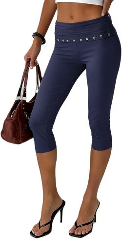 Women Y2k Low Rise Capris Button Grommet Foldover Capri Leggings Split Skinny Cropped Pants Going Out Capris Yoga Pants in Saudi Arabia