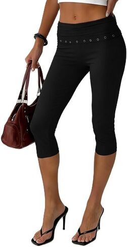 Women Y2k Low Rise Capris Button Grommet Foldover Capri Leggings Split Skinny Cropped Pants Going Out Capris Yoga Pants in Saudi Arabia
