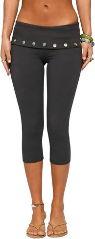 Women Y2k Low Rise Capris Button Grommet Foldover Capri Leggings Split Skinny Cropped Pants Going Out Capris Yoga Pants in Saudi Arabia