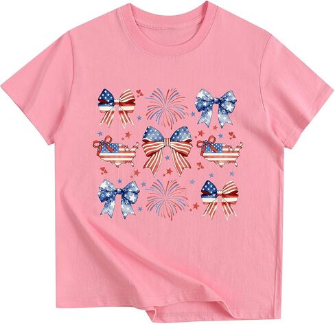 American Flag Shirts for Girls 4th of July Bow Patriotic Tshirts Cotton Short Sleeve Tees 3-13 Years in Saudi Arabia