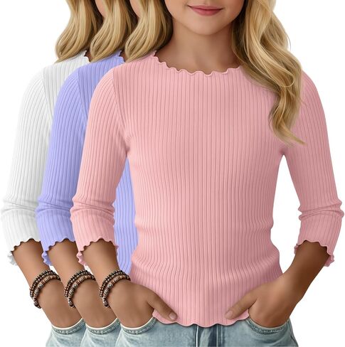 3 Pack Girls' 3/4 Sleeve T Shirts Kids Ribbed Knit Crewneck Lettuce Trim Cute Slim Summer Casual Basic Tee 5-14 Y in Saudi Arabia