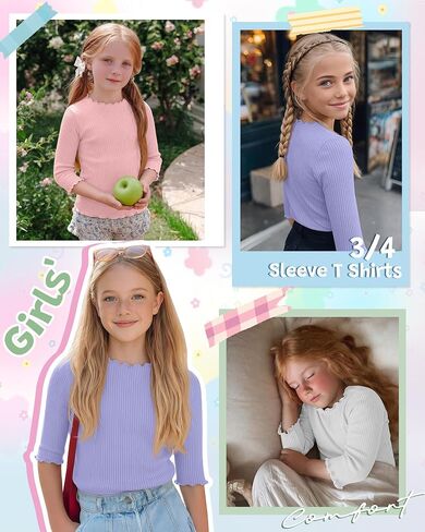 3 Pack Girls' 3/4 Sleeve T Shirts Kids Ribbed Knit Crewneck Lettuce Trim Cute Slim Summer Casual Basic Tee 5-14 Y in Saudi Arabia