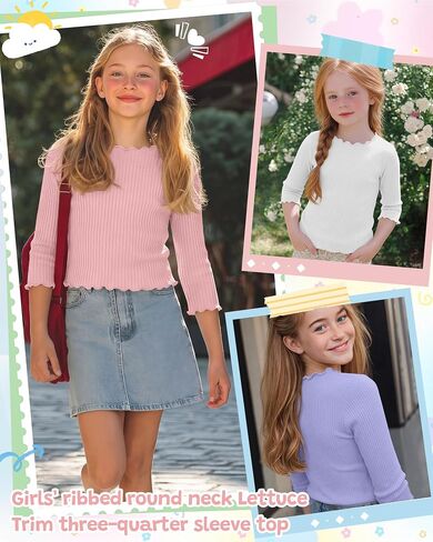 3 Pack Girls' 3/4 Sleeve T Shirts Kids Ribbed Knit Crewneck Lettuce Trim Cute Slim Summer Casual Basic Tee 5-14 Y in Saudi Arabia