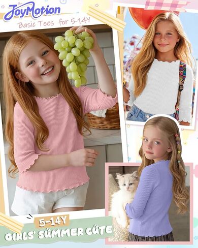 3 Pack Girls' 3/4 Sleeve T Shirts Kids Ribbed Knit Crewneck Lettuce Trim Cute Slim Summer Casual Basic Tee 5-14 Y in Saudi Arabia