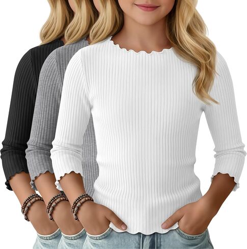 3 Pack Girls' 3/4 Sleeve T Shirts Kids Ribbed Knit Crewneck Lettuce Trim Cute Slim Summer Casual Basic Tee 5-14 Y in Kuwait