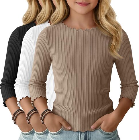 3 Pack Girls' 3/4 Sleeve T Shirts Kids Ribbed Knit Crewneck Lettuce Trim Cute Slim Summer Casual Basic Tee 5-14 Y in Saudi Arabia