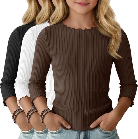 3 Pack Girls' 3/4 Sleeve T Shirts Kids Ribbed Knit Crewneck Lettuce Trim Cute Slim Summer Casual Basic Tee 5-14 Y in Saudi Arabia