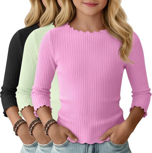 3 Pack Girls' 3/4 Sleeve T Shirts Kids Ribbed Knit Crewneck Lettuce Trim Cute Slim Summer Casual Basic Tee 5-14 Y in Saudi Arabia