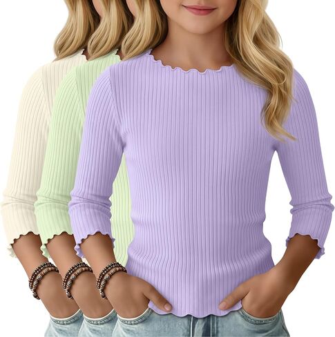 3 Pack Girls' 3/4 Sleeve T Shirts Kids Ribbed Knit Crewneck Lettuce Trim Cute Slim Summer Casual Basic Tee 5-14 Y in Saudi Arabia