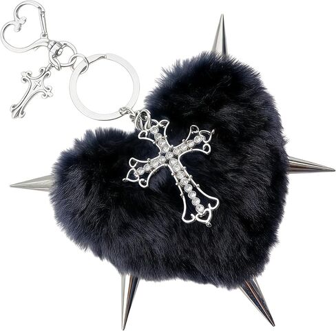 Punk Fluffy Black Heart Keychain with Rivet Cross,Pom Pom Big Bag Charm for Women, Black Plush Spiked Heart Purse Backpack Pendant, Edgy Y2K Car Key Accessory,Goth Fashion Decor&Gift in Saudi Arabia