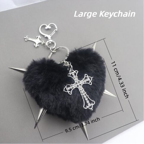 Punk Fluffy Black Heart Keychain with Rivet Cross,Pom Pom Big Bag Charm for Women, Black Plush Spiked Heart Purse Backpack Pendant, Edgy Y2K Car Key Accessory,Goth Fashion Decor&Gift in Saudi Arabia