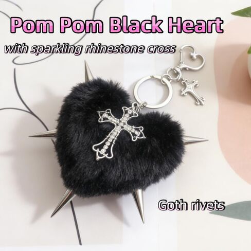 Punk Fluffy Black Heart Keychain with Rivet Cross,Pom Pom Big Bag Charm for Women, Black Plush Spiked Heart Purse Backpack Pendant, Edgy Y2K Car Key Accessory,Goth Fashion Decor&Gift in Saudi Arabia