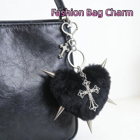 Punk Fluffy Black Heart Keychain with Rivet Cross,Pom Pom Big Bag Charm for Women, Black Plush Spiked Heart Purse Backpack Pendant, Edgy Y2K Car Key Accessory,Goth Fashion Decor&Gift in Saudi Arabia