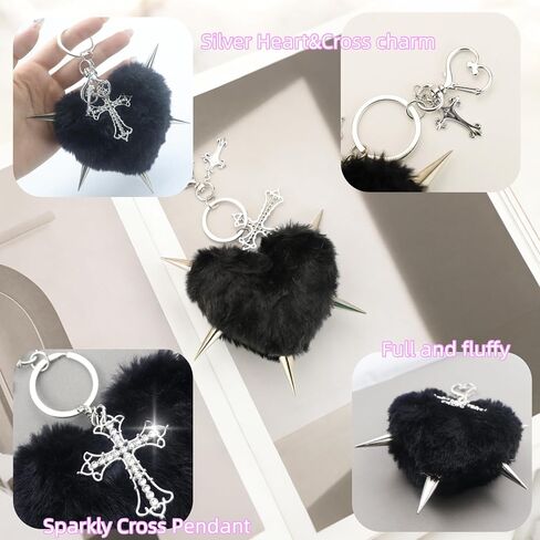 Punk Fluffy Black Heart Keychain with Rivet Cross,Pom Pom Big Bag Charm for Women, Black Plush Spiked Heart Purse Backpack Pendant, Edgy Y2K Car Key Accessory,Goth Fashion Decor&Gift in Saudi Arabia