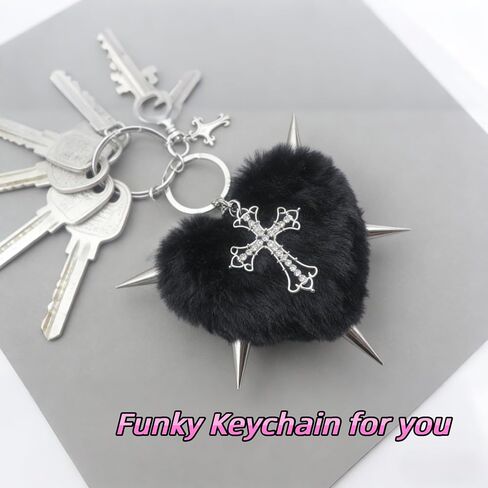 Punk Fluffy Black Heart Keychain with Rivet Cross,Pom Pom Big Bag Charm for Women, Black Plush Spiked Heart Purse Backpack Pendant, Edgy Y2K Car Key Accessory,Goth Fashion Decor&Gift in Saudi Arabia