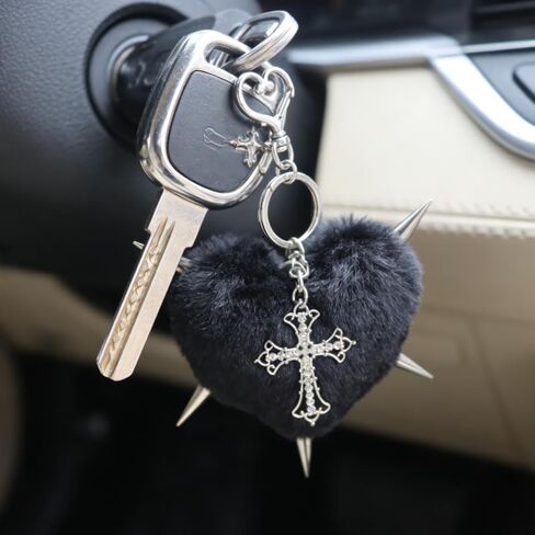 Punk Fluffy Black Heart Keychain with Rivet Cross,Pom Pom Big Bag Charm for Women, Black Plush Spiked Heart Purse Backpack Pendant, Edgy Y2K Car Key Accessory,Goth Fashion Decor&Gift in Saudi Arabia