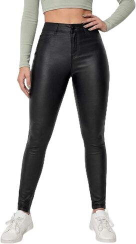 THE LOVE BRAND Women Faux Leather Pants Black Mid Waist Skinny Leggings Leather Pants Trousers with Pockets in Kuwait