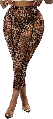 WDIRARA Women's Plus Size Leopard Leggings High Waisted Sheer Stretchy Skinny Yoga Pants in Kuwait