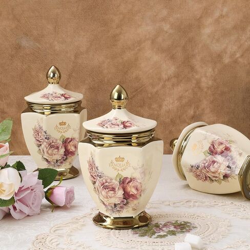 fanquare Vintage Royal Style Decorative Canisters with Gold Trim, Floral Porcelain Sugar Bowl Set of 3 with Airtight Lid for Countertop Party in Saudi Arabia