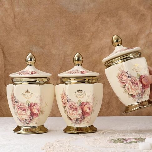 fanquare Vintage Royal Style Decorative Canisters with Gold Trim, Floral Porcelain Sugar Bowl Set of 3 with Airtight Lid for Countertop Party in Saudi Arabia