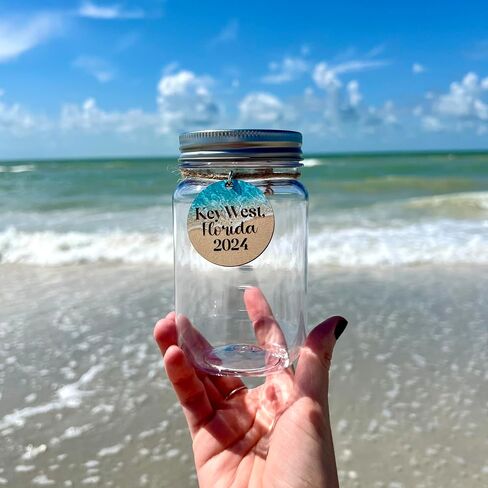 Plastic Seashell Keepsake Jar for Adults Kids Summer Vacation Beach Finds, Personalized Gift Engraved with Trip Destination and Year, Shell Collection Display, Two Jar Size Options in Saudi Arabia