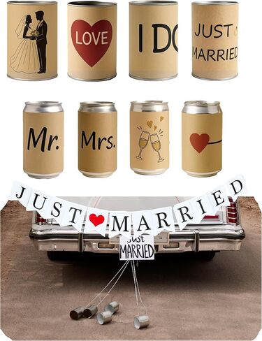 8 Vintage Rustic Tin Cans Set for Just Married Wedding Car Decorations | Handmade Tin Cans with Twine & Banner - Vintage Wedding Getaway Car Decor Kit for Send Off, Bridal Shower & Reception in Kuwait