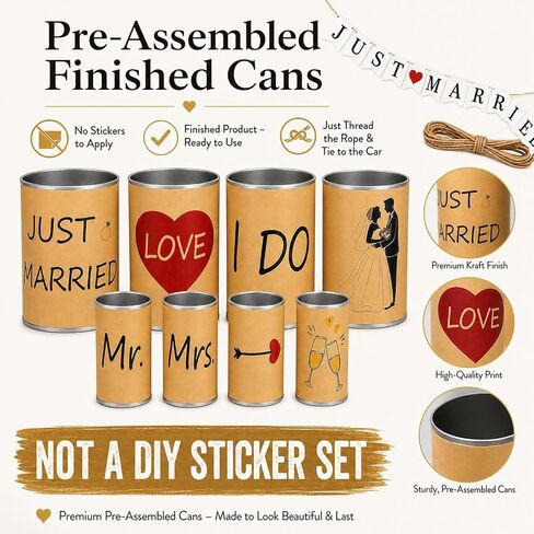 8 Vintage Rustic Tin Cans Set for Just Married Wedding Car Decorations | Handmade Tin Cans with Twine & Banner - Vintage Wedding Getaway Car Decor Kit for Send Off, Bridal Shower & Reception in Kuwait