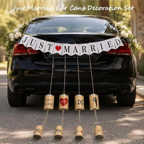 8 Vintage Rustic Tin Cans Set for Just Married Wedding Car Decorations | Handmade Tin Cans with Twine & Banner - Vintage Wedding Getaway Car Decor Kit for Send Off, Bridal Shower & Reception in Kuwait