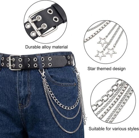 Thrist Y2k Studded Belt for Women Men - Grommet Leather Belts Layered Chunky Pants Chain Set Grunge EMO Goth Punk Silver Star Belt Chains Jewelry Accessory for Jeans Bag Pocket Wallet in Saudi Arabia