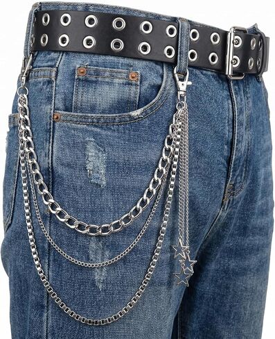 Thrist Y2k Studded Belt for Women Men - Grommet Leather Belts Layered Chunky Pants Chain Set Grunge EMO Goth Punk Silver Star Belt Chains Jewelry Accessory for Jeans Bag Pocket Wallet in Saudi Arabia