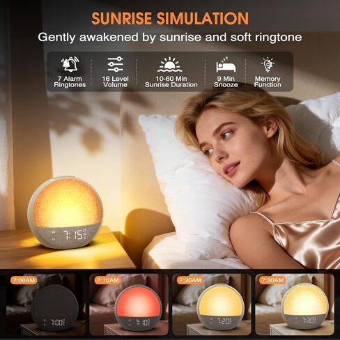 Sunrise Alarm Clock, White Noise Sound Machine with 30 Soothing Sounds, Dimmable Night Light, Natural Sunlight Lamp Gentle Wake Up Light for Bedrooms, Kids, Heavy Sleepers Adults, Baby, Ideal for Gift in Kuwait
