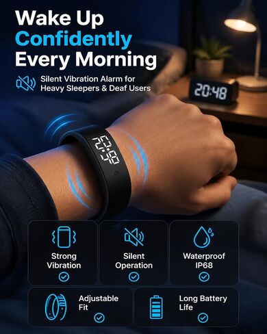 Vibrating Alarm Wristband Clock Watch for Heavy Sleepers, Fit Sleeps Rise Bracelet Bands for Deaf People, Wearable Vibration Wrist Alarm Waterproof Silent Alarms Wristband for Men & Women in Kuwait