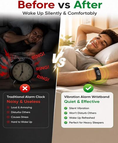 Vibrating Alarm Wristband Clock Watch for Heavy Sleepers, Fit Sleeps Rise Bracelet Bands for Deaf People, Wearable Vibration Wrist Alarm Waterproof Silent Alarms Wristband for Men & Women in Kuwait